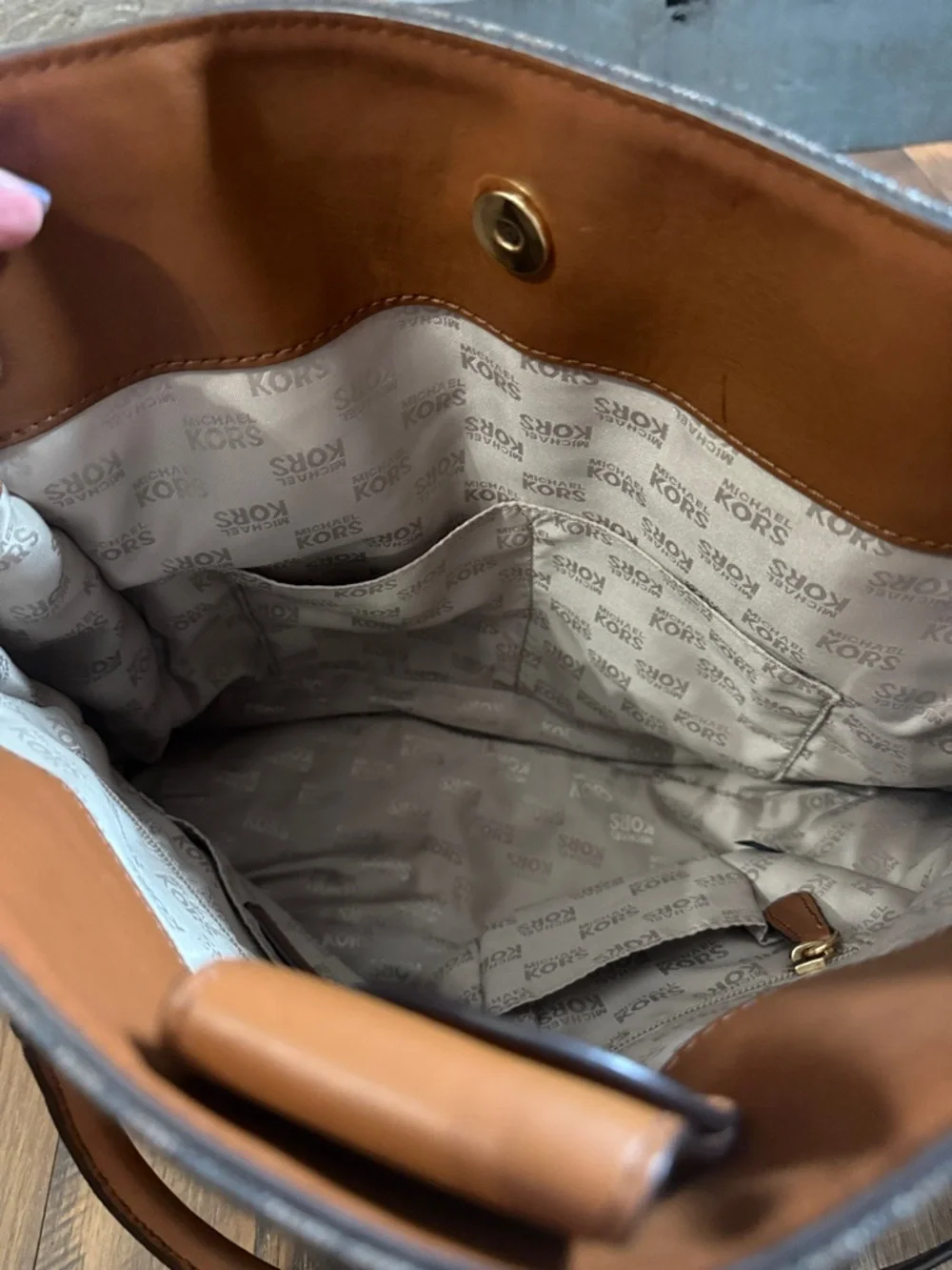 Michael Kors Hamilton Large Tote Brown MK Logo Leather Trim Like New w/ Strap